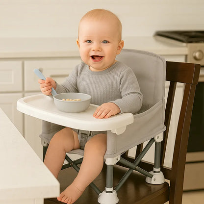 Bébé souriant mangeant dans une chaise de voyage bébé pliable grise installée sur une chaise haute