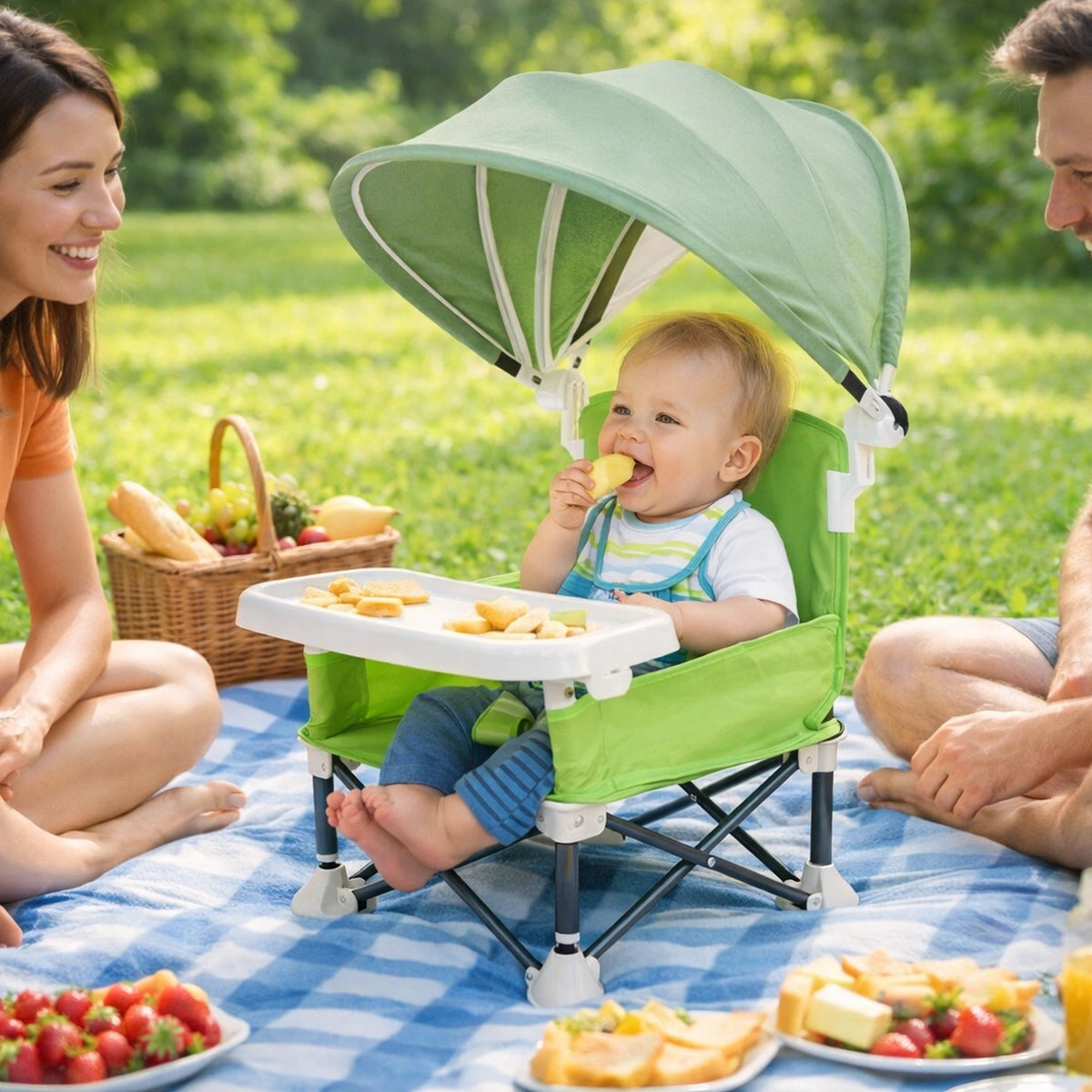 Chaise bébé portable verte avec plateau et pare-soleil utilisée lors d’un pique-nique en famille