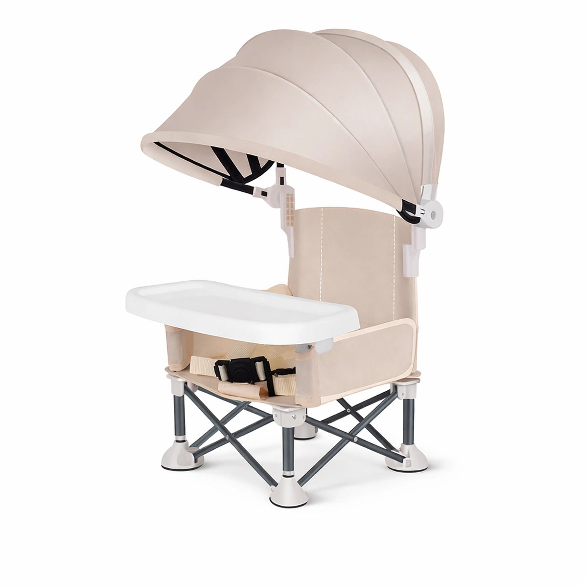 chaise bébé pliable beige avec plateau repas et pare-soleil réglable