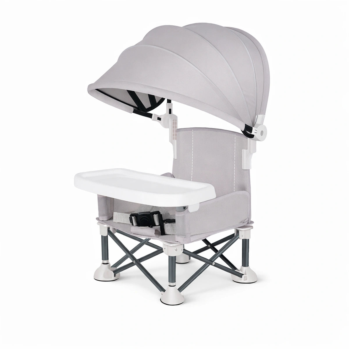 chaise bébé pliable grise avec plateau amovible et canopy, siège repas bébé compact