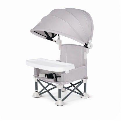 chaise bébé pliable grise avec plateau amovible et canopy, siège repas bébé compact
