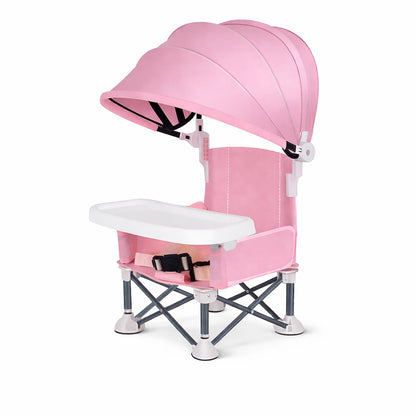 chaise bébé pliable rose avec plateau repas et protection solaire