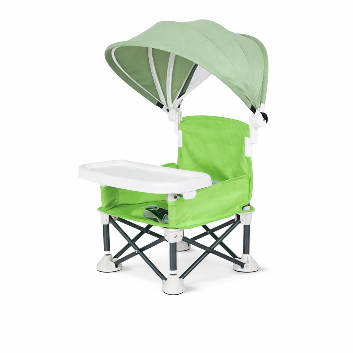 chaise bébé pliable verte avec plateau et pare-soleil, siège portable pour repas bébé intérieur