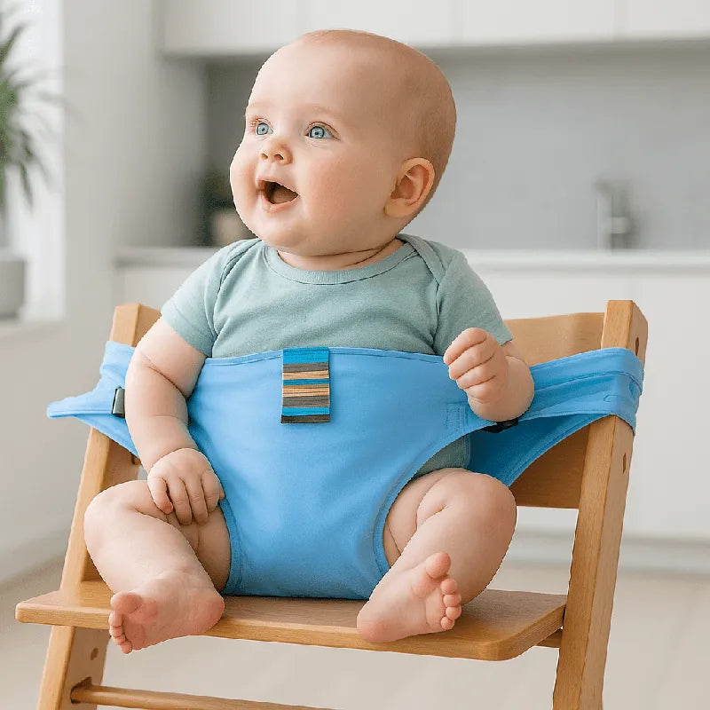 Chaise bébé portable bleue pratique et sécurisée pour repas quotidiens