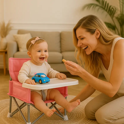 Chaise de voyage bébé pliable rose avec bébé et maman dans le salon