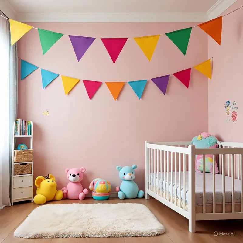 Guirlande fanion colorée accrochée au mur dans une chambre d’enfant