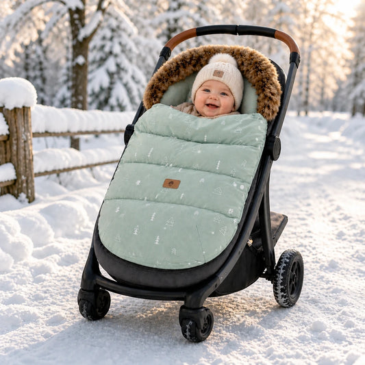 chanceliere bebe hiver pour poussette avec bebe au chaud dans la neige
