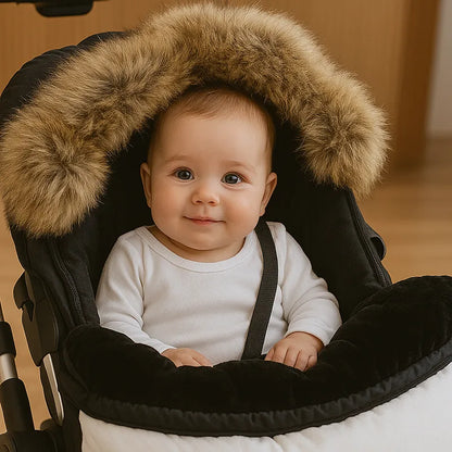 Bébé souriant dans chancelière poussette universelle hiver