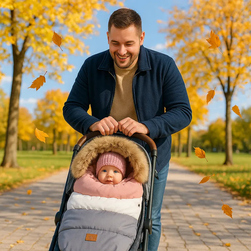 Papa promène bébé avec poussette et chancelière automne