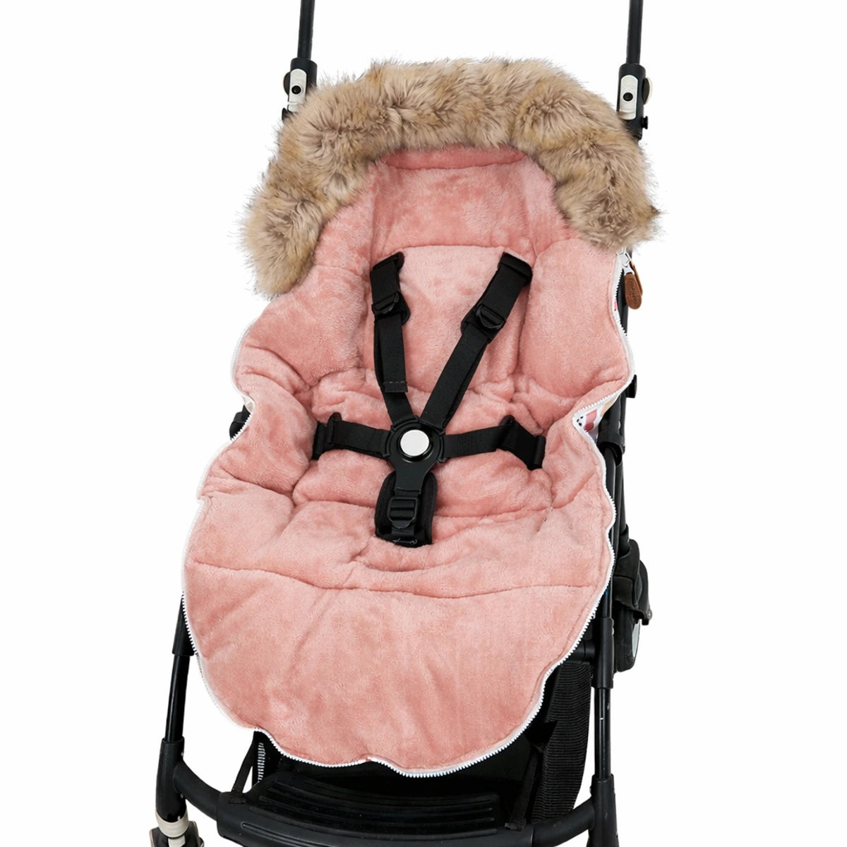 Chancelière poussette hiver universelle rose avec col en fourrure, intérieur doux isolant pour bébé.
