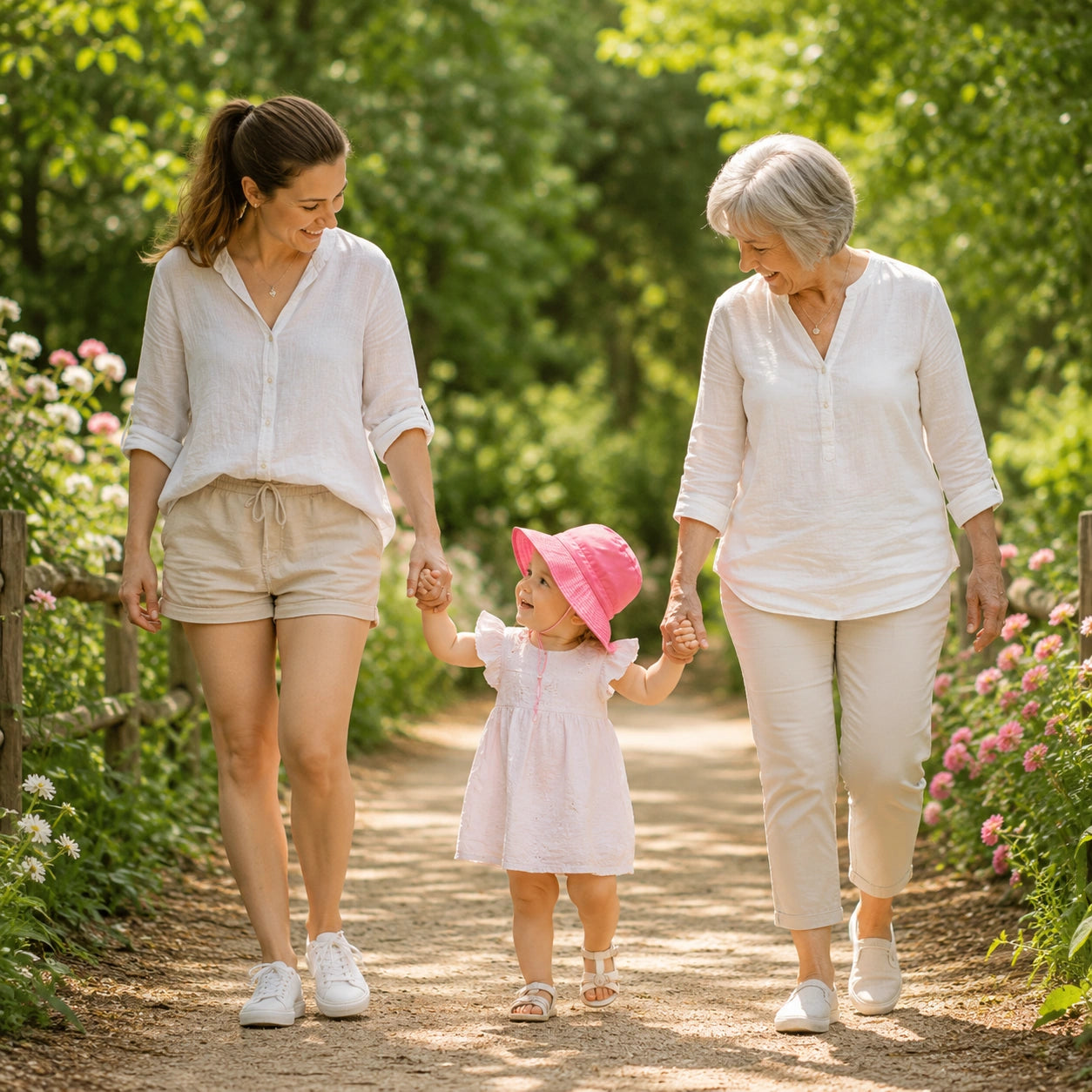 Petite fille portant un chapeau bébé anti-UV rose marchant avec sa maman et sa grand-maman