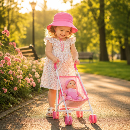 Petite fille portant un chapeau bébé anti-UV rose poussant une poussette pour poupée