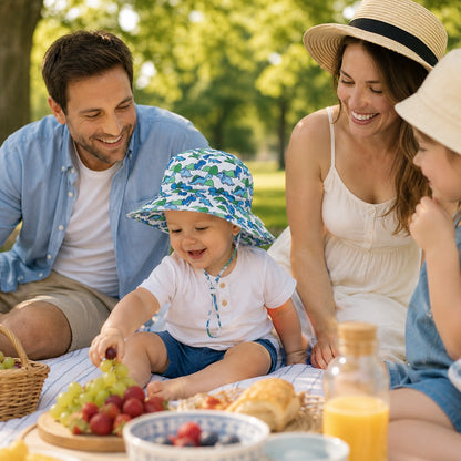 Bébé portant un chapeau anti-UV à motif dinosaure profitant d'un pique-nique en famille