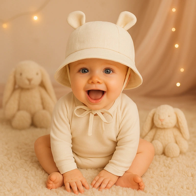Bébé souriant portant un chapeau beige à oreilles sur fond doux