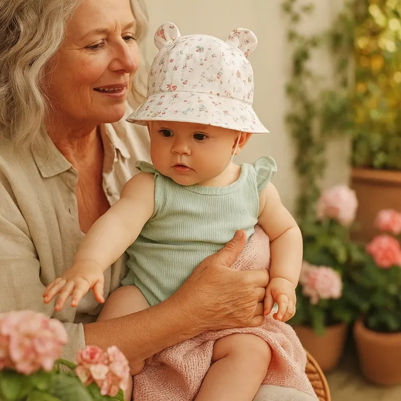 Bébé avec chapeau à fleurs roses sur les genoux de sa grand-maman.