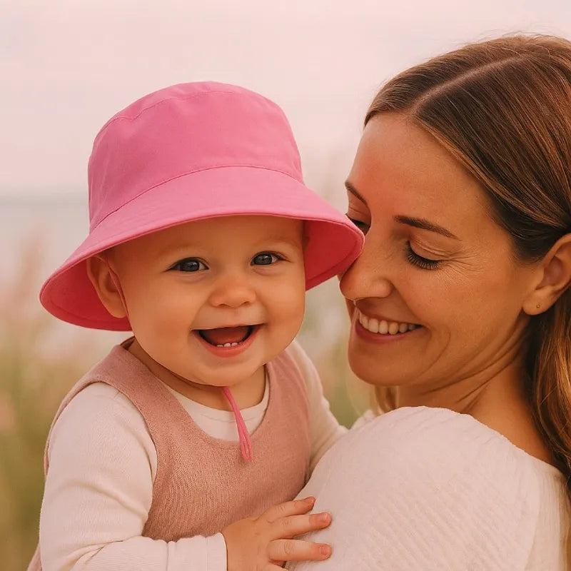 Bébé souriant avec chapeau rose – protection solaire douce pour l’été