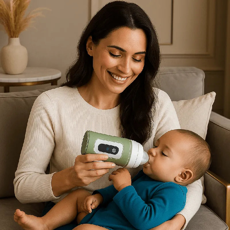 Maman nourrit son bébé avec chauffe biberon USB portable vert