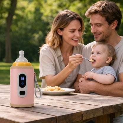 Chauffe biberon portable bébé USB rose utilisé en extérieur par des parents nourrissant leur enfant