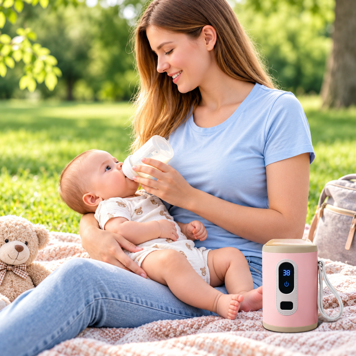 Maman donnant le biberon à son bébé en pique-nique avec chauffe biberon portable USB