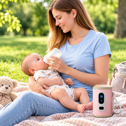 Maman donnant le biberon à son bébé en pique-nique avec chauffe biberon portable USB