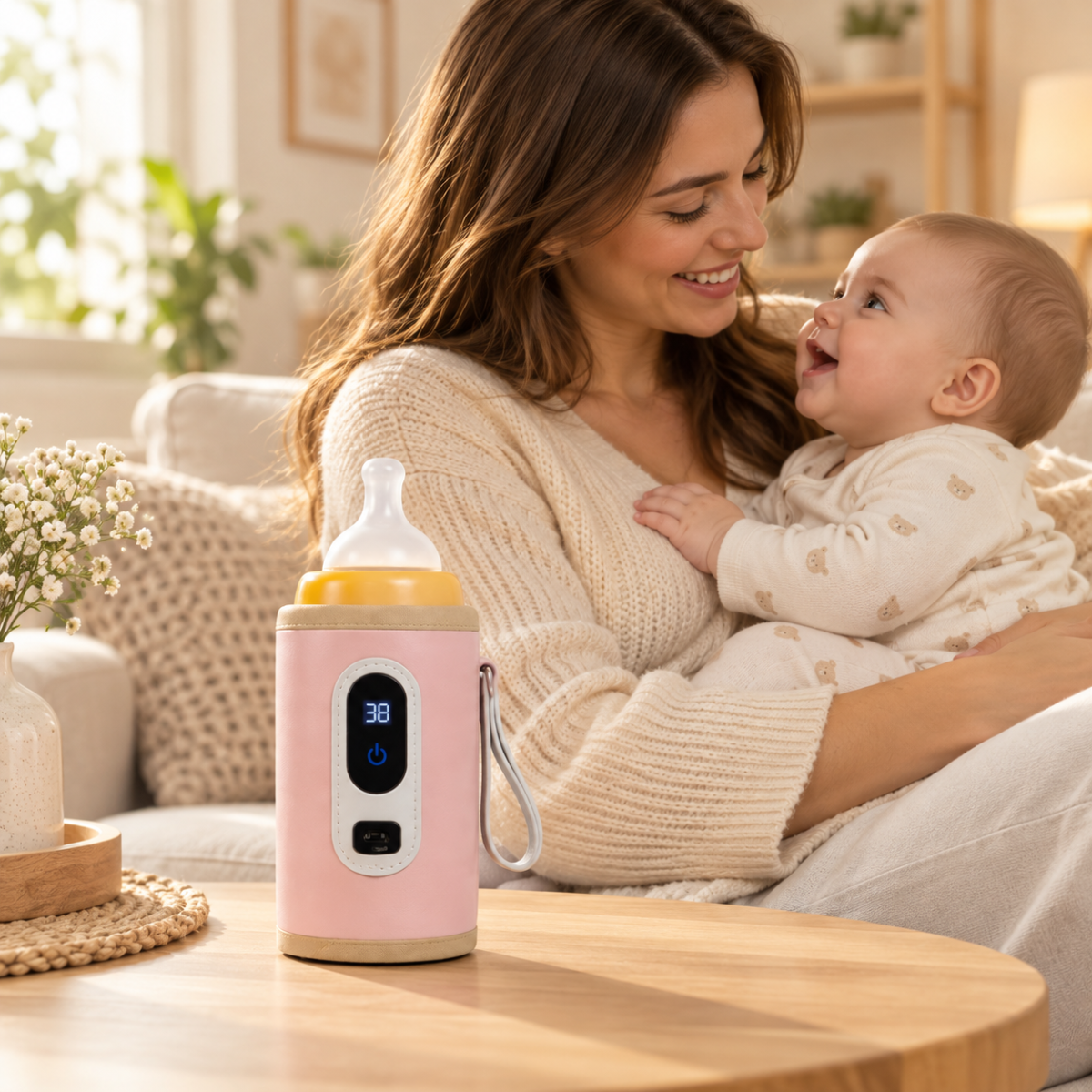Chauffe-biberon portable USB rose posé sur une table, avec une maman et son bébé dans le salon.