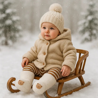 Bébé en manteau d’hiver assis dans un traîneau portant des chaussettes bébé chaudes épaisses couleur crème.