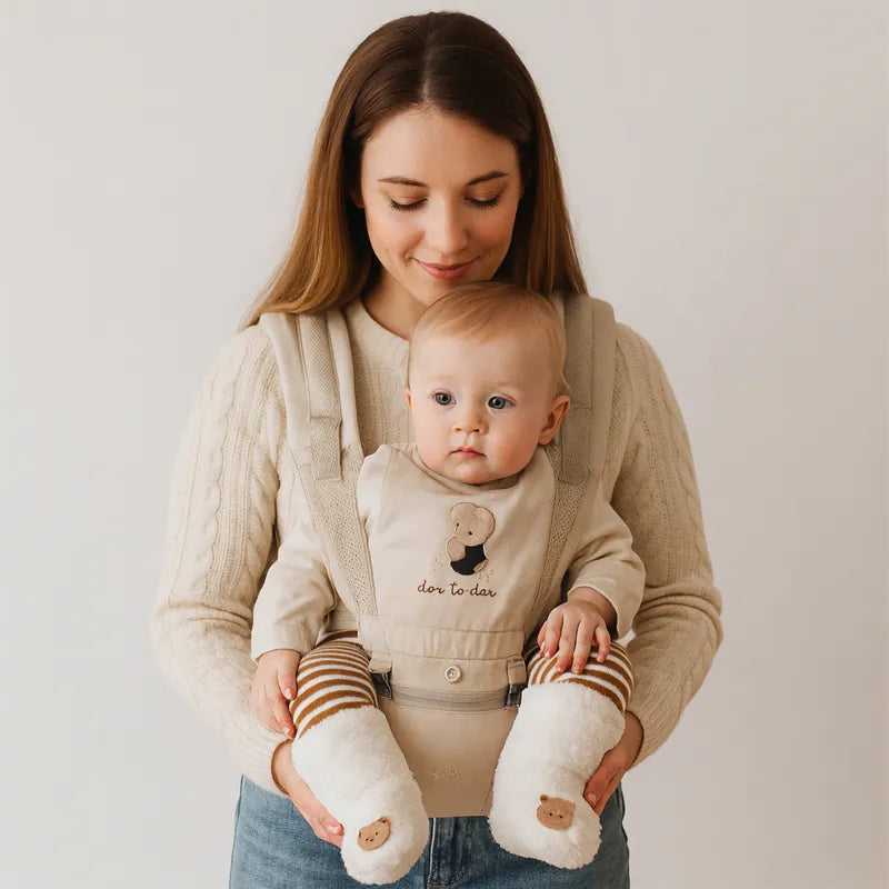 Maman portant son bébé en porte-bébé avec des chaussettes bébé chaudes épaisses blanches motif ourson.