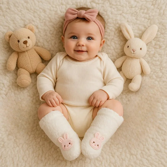 Bébé souriant allongé sur tapis avec des chaussettes bébé chaudes blanches en peluche motif lapin.