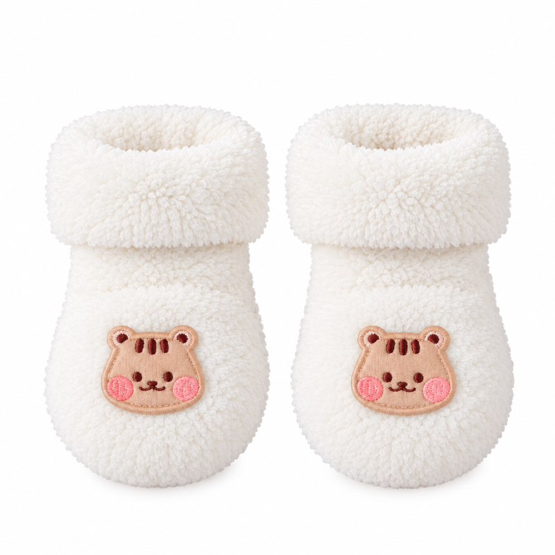 Chaussettes bébé chaudes blanches en peluche avec motif écureuil aux joues roses