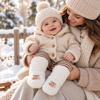 Bébé avec sa maman en hiver portant des chaussettes bébé chaudes et douces