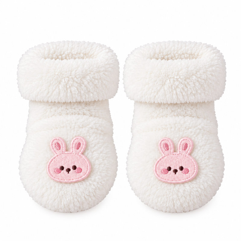 Chaussettes bébé chaudes blanches en peluche avec motif lapin rose