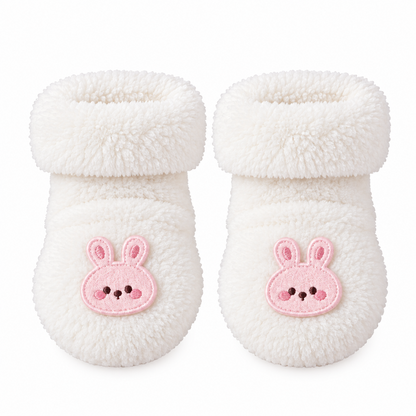 Chaussettes bébé chaudes blanches en peluche avec motif lapin rose