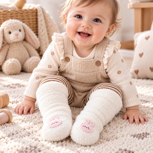 Bébé assis portant des chaussettes bébé chaudes blanches avec motif lapin rose
