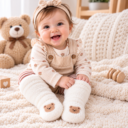 Bébé souriant portant des chaussettes bébé chaudes blanches avec motif ourson