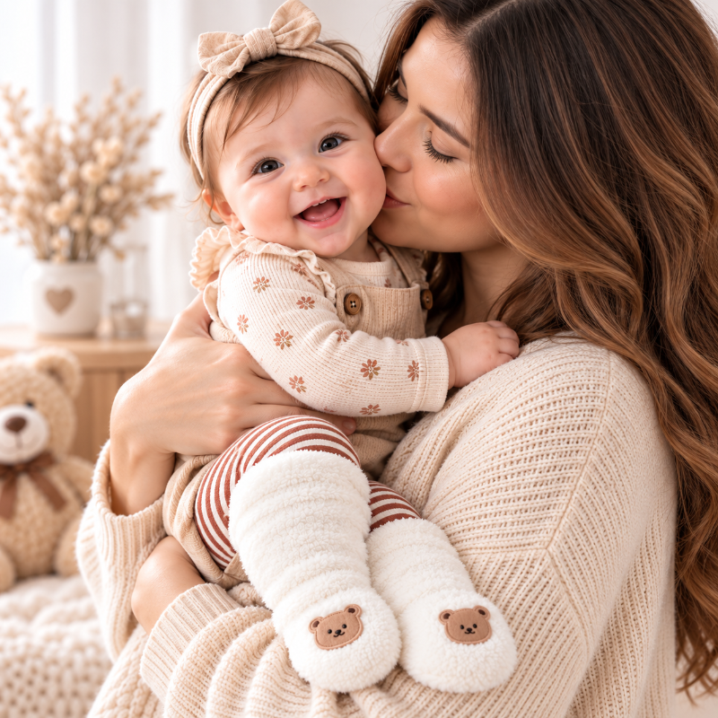 Bébé dans les bras de sa maman portant des chaussettes douces avec motif ourson