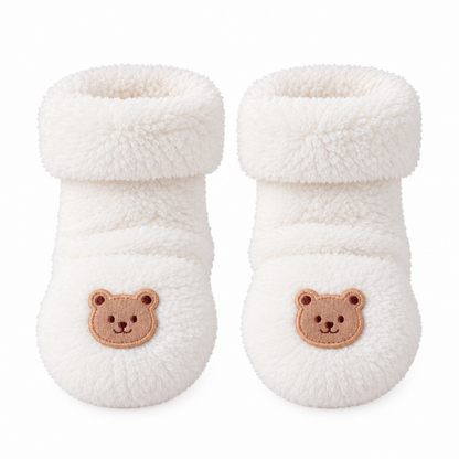 Chaussettes bébé chaudes blanches en peluche avec motif ourson beige