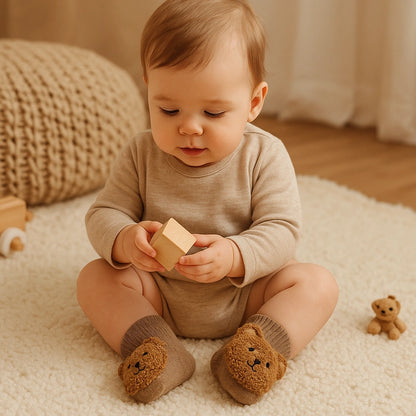 Bébé joue assis au sol avec chaussettes ours beige moelleuses.