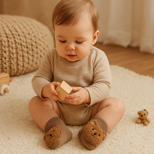 Bébé joue assis au sol avec chaussettes ours beige moelleuses.