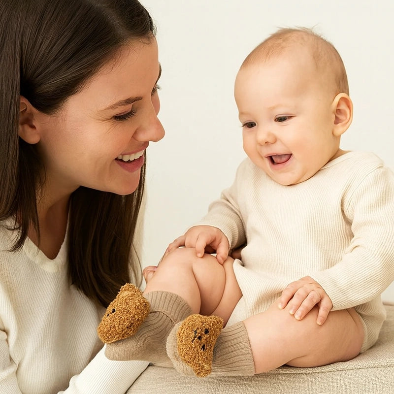 Maman et bébé rient avec chaussettes ours brunes en coton.