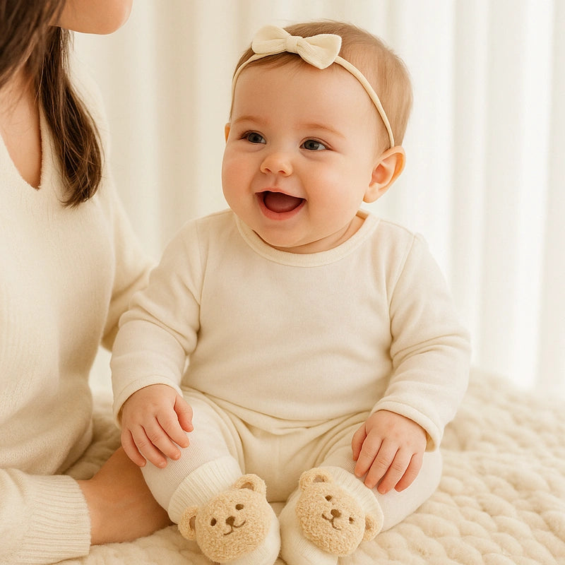 Bébé assis avec chaussettes crème en coton doux motif ours.