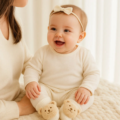 Bébé assis avec chaussettes crème en coton doux motif ours.