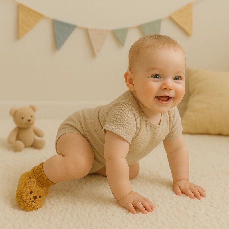 Bébé qui rampe portant des chaussettes ours moutarde antidérapantes.