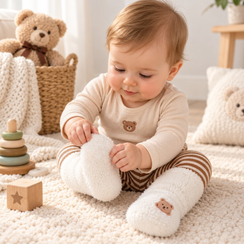 Bébé assis jouant à la maison avec des chaussettes chaudes en peluche