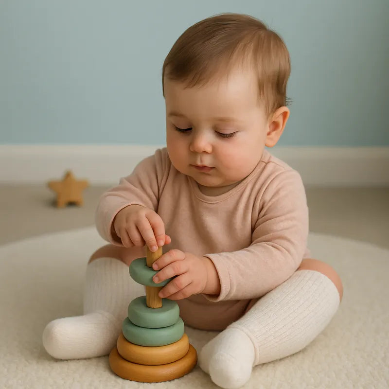 Bébé jouant au sol portant de longues chaussettes bébé chaudes blanches en tricot doux.