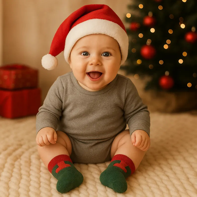 Bébé souriant portant des chaussettes bébé Noël rouge et vert devant sapin”