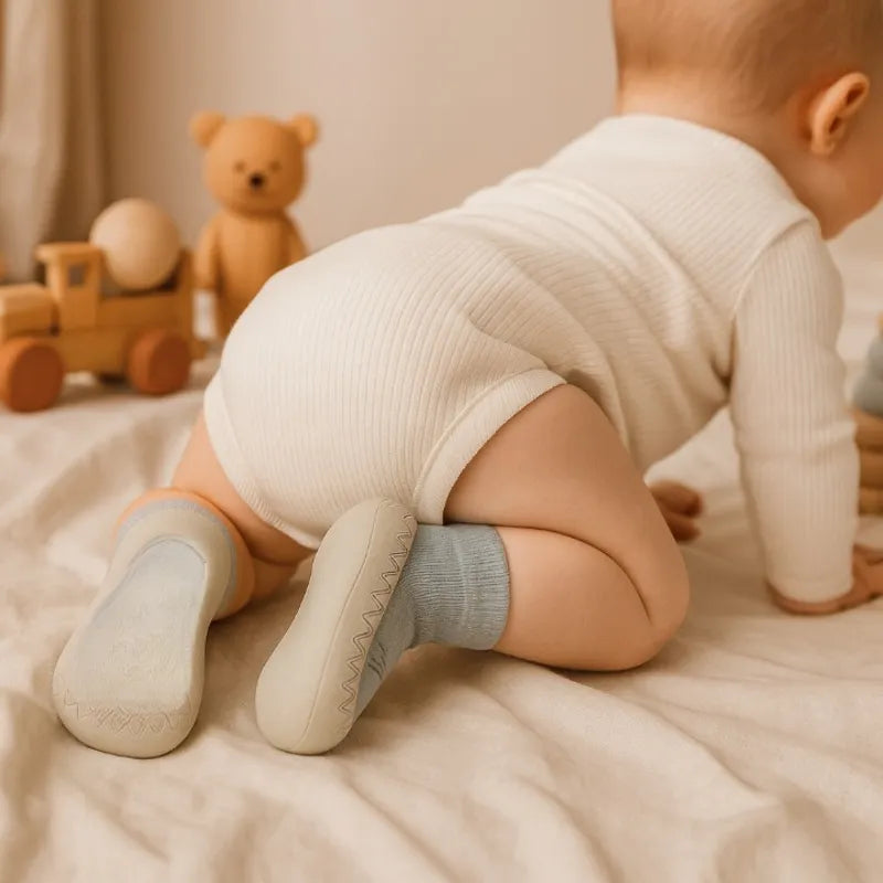 Chaussons bébé antidérapants pour premiers pas, semelle flexible et douce pour une marche naturelle et stable.