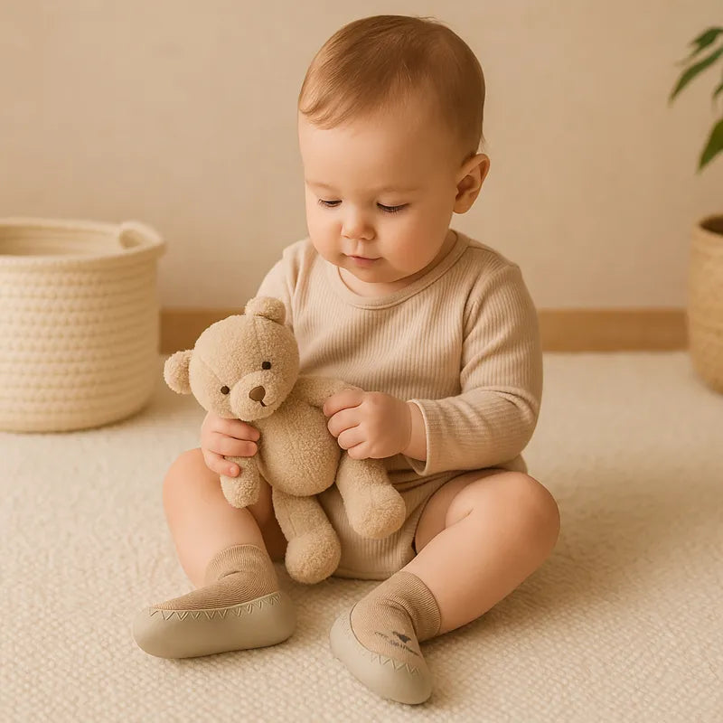 Chaussons bébé cocooning en coton chaud, idéals pour garder les pieds de bébé au chaud à la maison.