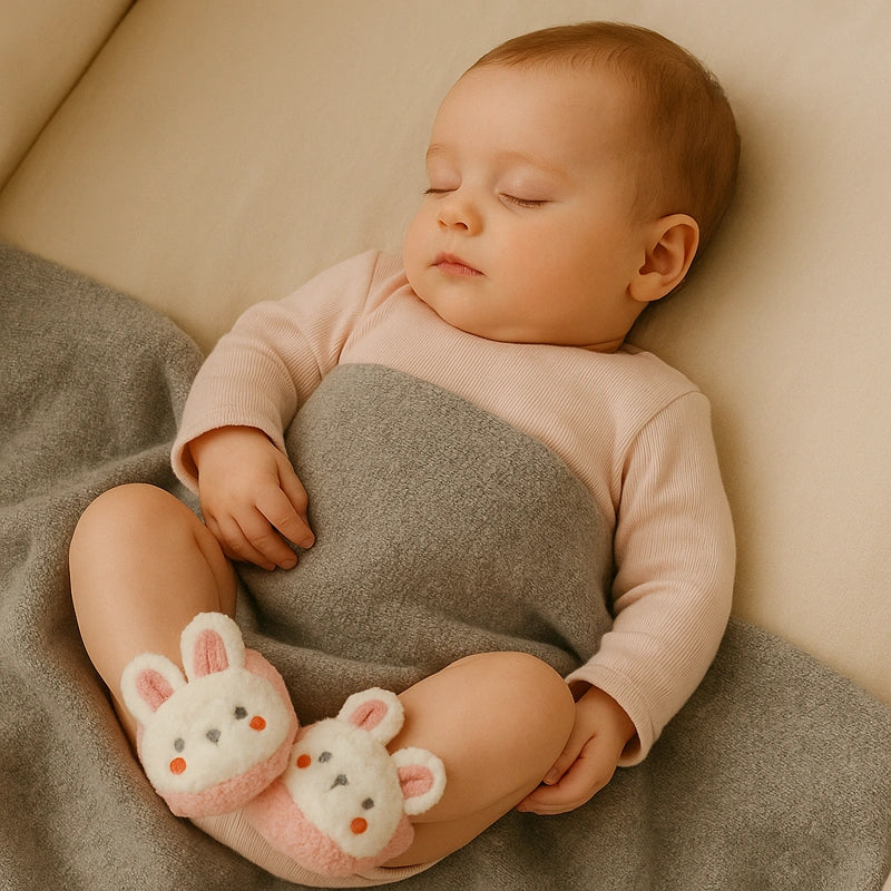 Bébé endormi portant des chaussons lapin rose, chauds et moelleux pour un sommeil paisible
