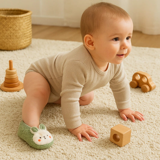 Bébé en train de ramper avec chaussons lapin vert, confortables et antidérapants pour les premiers déplacements