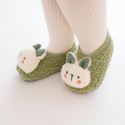Chaussons bébé lapin vert antidérapants, en tissu bouclette doux et respirant pour premiers pas sécurisés